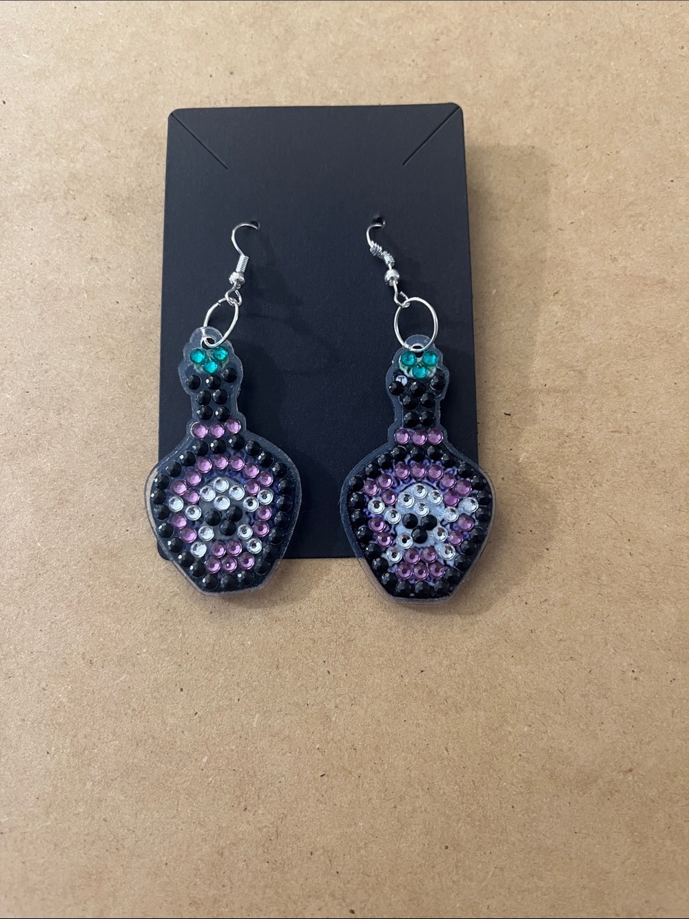 Handmade Black Potion Bottle Beaded Drop Earrings with Purple & Teal Accents